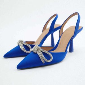 ZA Buty damskie wiosna/lato Nowy produkt buty damskie Blue Rhinestone Bow Buty na wysokim obcasie z opaską i skierowanymi z pustymi sandałami 231227