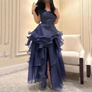 Party Dresses Minglan Elegant stropplös veck en linje ruffles lång aftonklänning hög sida slits golvlängd svep tåg prom klänning 2023