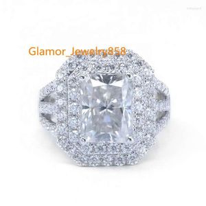 クラスターリングカスタマイズ3エメラルド放射楕円形カット14K/18Kソリッドホワイトゴールドラボモイサナイトダイヤモンド女性の結婚指輪