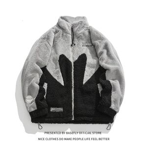 Winter Thick Warm Letter Embroid Maple Leaf Lambswool Sheep Fur Like Men Bomber Coat Unisex Women Jacket High Streetwear Couple 231226