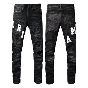 Usa Size Man Denim Leather Embroidered Letter Amiryes Hole Patch Jeans Elastic Slim Fit Pants Youth Black