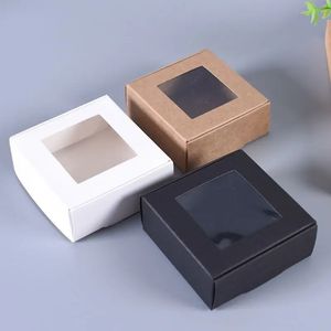 10 stycken Kraft Paper Box Brown/Black/White Cardboard Handgjorda transparent PVC -fönster Gödselmedel Svål Box Craft Paper Wedding Candy Box 231227