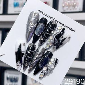 Feito à mão y2k imprensa em unhas longo amêndoa punk luxo estrela reutilizável adesivo falso preto capa completa dicas de unhas arte 231226