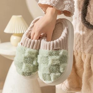 Fashion Couple Winter Toe Wrap Warm Plaid Cotton Slippers Thick Soft Sole Slides Men Women Indoor Floor Flat Home Non-slip Shoes