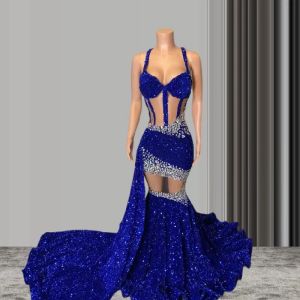 2024 azul trompete baile de formatura vestido de festa à noite para as mulheres brilhante cristal desossa malha preto menina vestido de aniversário robe bal de promo o o o o