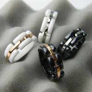 Nova chegada moda senhora 316 titânio aço preto branco cerâmica casamento noivado 18 k banhado a ouro anéis estreitos Size6-11173b