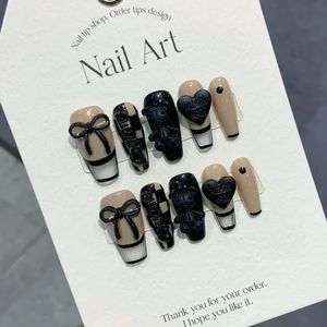 Handmade Black Luxury Coffin Press on Nails with Design Reusable Adhesive False Artifical Acrylic Nail Tips Art Y2k 231226