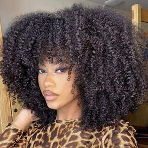 Afro kinky curly hunan hair wigs with bangs full machine صنع شعر مستعار 250 كثافة ريمي البرازيلي القصيرة المجعد الانفجارات الباروكة البشرية 231227