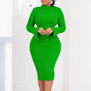 Vestidos casuais outono inverno para mulheres sólida manga completa bainha pacote quadris meados de bezerro profissional trabalho desgaste vestido midi ol