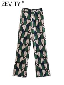 Capris Zevity Women Vintage Contrast Geometric Print Flare Pants Female Chic Elastic midja bakre fickbyxor Pantalones Mujer P1134