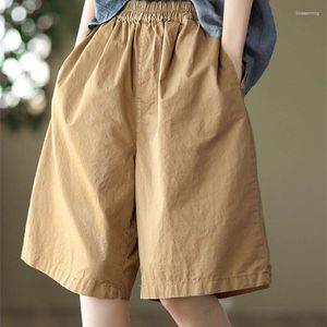 Women's Shorts High-end Single Literary Wide-leg Mid-pants Elastic Waist Pure-color Cotton Casual Five-point Pants