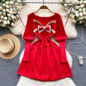 Casual Dresses Dress For Women V Neck Bow Puff Sleeve Color Match Bodycon A-line Knitted Korean Style Vestidos Autumn Drop