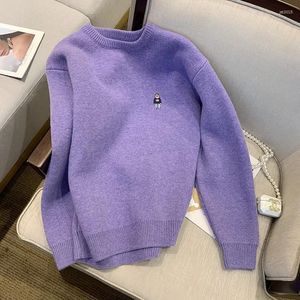 Suéter feminino suéter roupas de inverno moda coreana vento preguiçoso puro roxo retrô gola redonda pulôver manga comprida tops de tricô