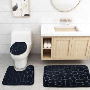 Mats Black 3D Cobblestone Bathroom Mat Toilet Covers Solid Color 3pcs/set Bath Floor Carpets For Home Decor Quality Foot Pad Doormats Y