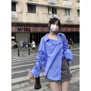 Kvinnors blusar Kvinnor T-shirt Temperament Drawstring Retro Casual Plaid Loose Sunscreen Woman Shirts Sense Of Design Oregelbundet Lady Blue