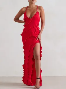 Casual Dresses Red Ruffled Chiffon Lip Dress Backless Front Slit Sexy Women's Long Summer Night Party