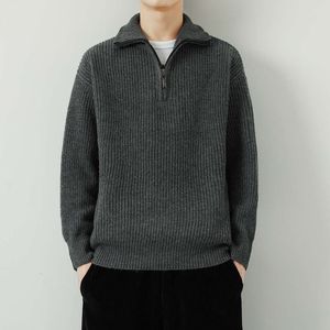 Men's High Collar Sweater 2023 Spring and Autumn Season Zipper Flip Collar Loose and Versatile Japanese Solid Color Bottom Knitted Sweater