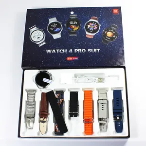 Watch 4 Pro Suit 8 in 1 Set Round Smart Watch 7 Straps BT Music Call Fitness Tracker 심박수 모니터링 스마트 워치 2024