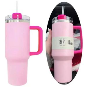 With logo Pink flamingo H2.0 40oz Stainless Steel Tumblers Cups Silicone handle Lid Straw Travel Car mugs Keep Drinking Cold Water Bottles Valentines Day Gift E1016