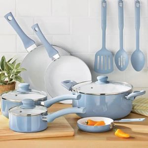 Cookware Sets Set 12pc Ceramic Blue Linen Convenient To Clean Multiple Types Of