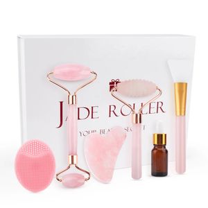 6In1 Face Skin Care Tools Jade Roller Rose Quartz Natural Stone Gua Sha Massager Kit for Face Lift Cleaning Anti-wrinkle 231227