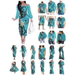 Herren-Freizeithemden, polynesische Chuuk-Tattoo-Drucke, Kleidung, Damen-Kleid, passendes Herren-Hemd, bequem, atmungsaktiv, Plumeria-Blau-Liebhaber