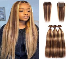 Ishow Highlight 427 Human Hair Bundles Wefts With Closure Straight Virgin Extensions 34pcs Colored Ombre Brown for Women 828inc9378972506