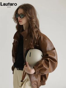 Lautaro Spring Autumn Cool Oversized Brown Black Faux Leather Bomber Jacket Women Zip Up Luxury Designer Unisex Clothes 231226