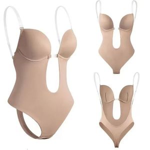 Mulheres sem costas shapewear u mergulho sem costura tanga completa renda bodysuit profundo decote em v corpo shaper para baixo vestido de volta roupa interior 231226