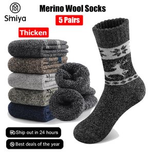 SIMIYA 5 Paar Herren-Socken aus Merinowolle, dick, für den Winter, warm, atmungsaktiv, Elch-Crew, Thermo gegen Kälte, 231226