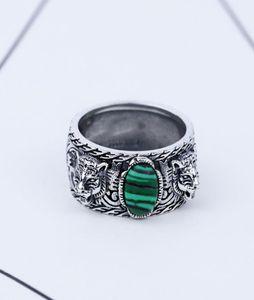 S925 Silver Tiger Head Ring Retro Sterling Silver Inlaid Malachite Double Tiger Head Ring Men and Women Trend Hip Hop Turquoise Ri7493738