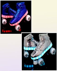 Встроенные роликовые коньки 7 цветных светодиодных вспышек 4wheel PU для детей USB -пополнения кроссовок обувь Doublerow Men Women Europe Размер 354513609481
