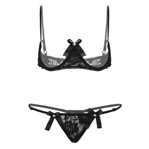 Mulheres Open Cup Bra Top Sexy Cupless Seios Expostos Underwired Sutiã com G-string Ver Através Sheer Lace Sexy Lingerie Exótica Conjunto 231226