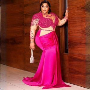 Fuchsia Plus Size Aso Ebi Ballkleider Meerjungfrau mit langen Ärmeln Illusionsperlen Abendkleid formelles Kleid für besondere Anlässe Geburtstagsfeierkleider Verlobungskleid AM279