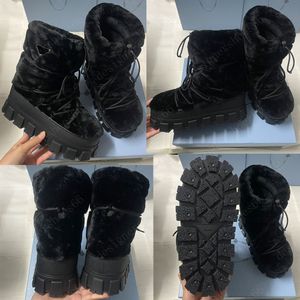 Shearling apres ski booties Black 1U032N Enameled metal triangle logo Ski Boots thick expanded rubber sole comfort snowfield winter boots womens designer boots