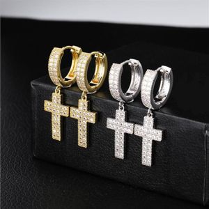 Cross Dangle örhängen Fashion Mens Double Row Zircon Gold Silver Hip Hop Earring Jewelry342s