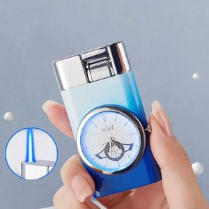 Metal Inflatable Jet Butane Torch Lighters Outdoor Windproof Cigarette Watch Lighter LED Light Clock Dial Smoking Accessories