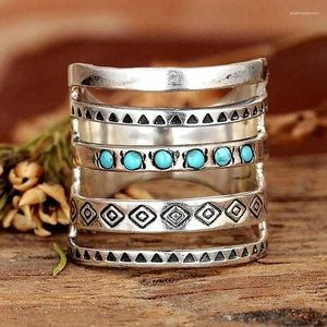 Cluster Rings Vintage Bohemian Women's 925 Sterling Silver Multilayer Hollow Turquoise Ring Band Exquisite Engagement Wedding Wedding