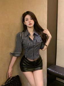 Women's Blouses Waist Temperament Top Striped Shirts Blusas Mujer De Moda 2024 Slim Female Chemise Femme Vintage Blouse Summer Crop