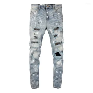 Men's Jeans EU Drip Light Blue Distressed Moustache Rhinestones Patches Italian Damaged Holes Slim Fit Stretch Ripped