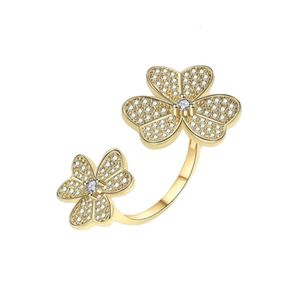 Van trevo designer anéis para mulheres qualidade original anéis de banda anel feminino duplo flor anéis pétalas moda simples