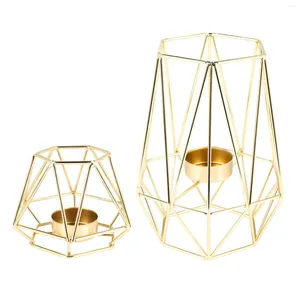 Candle Holders Set Of 2 Gold Geometric Metal Tealight For Living Room & Bathroom Decorations - Centerpieces Wedding