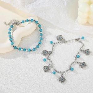 Anklets 2 st Beaded Anklet Set Boho Style Mini Turquoise Pärlor Dubbelskikt Ankelarmband för kvinnor Girls Summer Beach Accessories