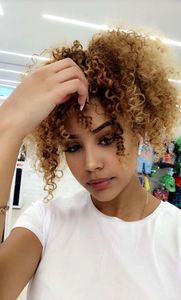 Honey Blonde kinky Curly Drawstring Ponytail Puff Bun Chignon Raw Humain Hair Extension Clip In Women Hairpiece Strawberry Blond Deep Curl Naturelle 120g