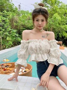 Women's Blouses Blusas Femininas Elegantes Temperament One Shoulder Shirt Off Lantern Sleeves Top Crop Blouse 2024 Sweet Summer Pink Shirts