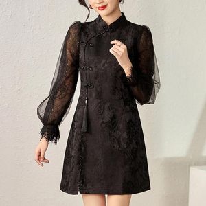 Casual Dresses Chinese Style Elegant Vintage for Women Mandarin Collar Lace Mesh Långärmad lapptäcke Kvinnor Jacquard Black Dress