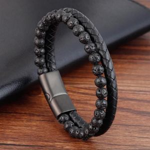 Erkekler Beacelets Doğal Volkan taş deri manyetik-celasp inek derisi örgülü moda bilezik kol bandı pulsera hombre drop2156