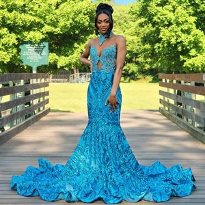 Sparkly Blue Lace Prom Dresses For Black Girls High Neck Beading Sequin Party Gowns African Women Mermaid Evening Dress