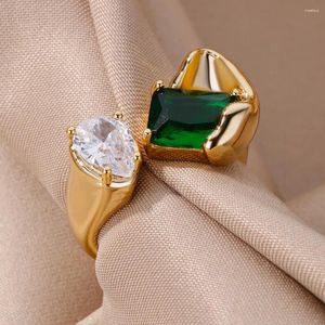 Cluster Rings Green Geometric Zircon Open For Women Stainless Steel Luxury Rhinestone Ring 2023 Korean Fashion Wedding Jewelry Anillos