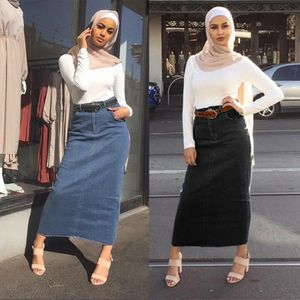 Giyim kadınları denim uzun etek düz bodycon maxi etekler yüksek bel abaya müslüman dipleri İslami kot etekler Orta Doğu Moda